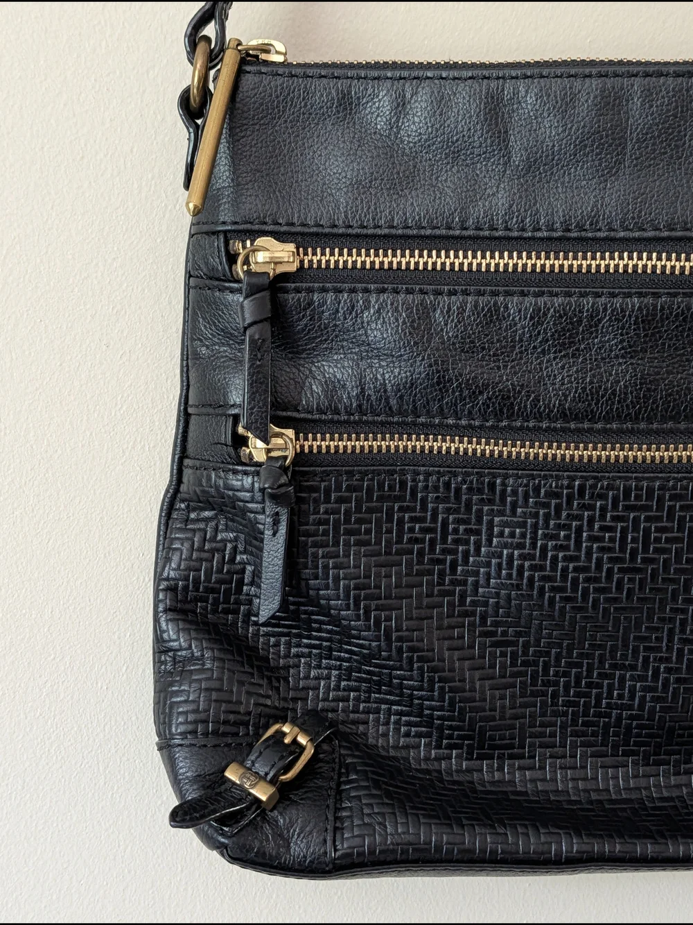 Elliott Lucca Black Leather Crossbody Bag with Gold Hardware
